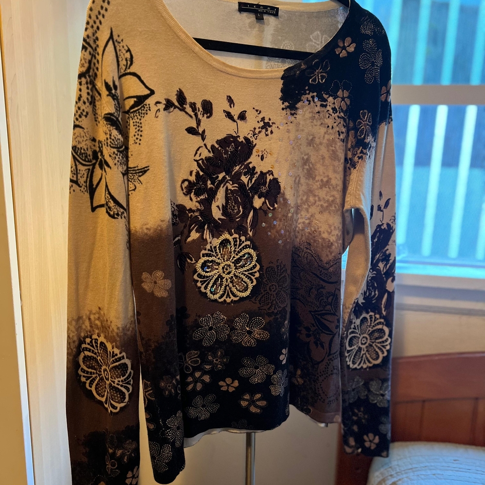 Pierri  New York Tan and Black Floral Ombre Long-Sleeve Top Y2k Beaded